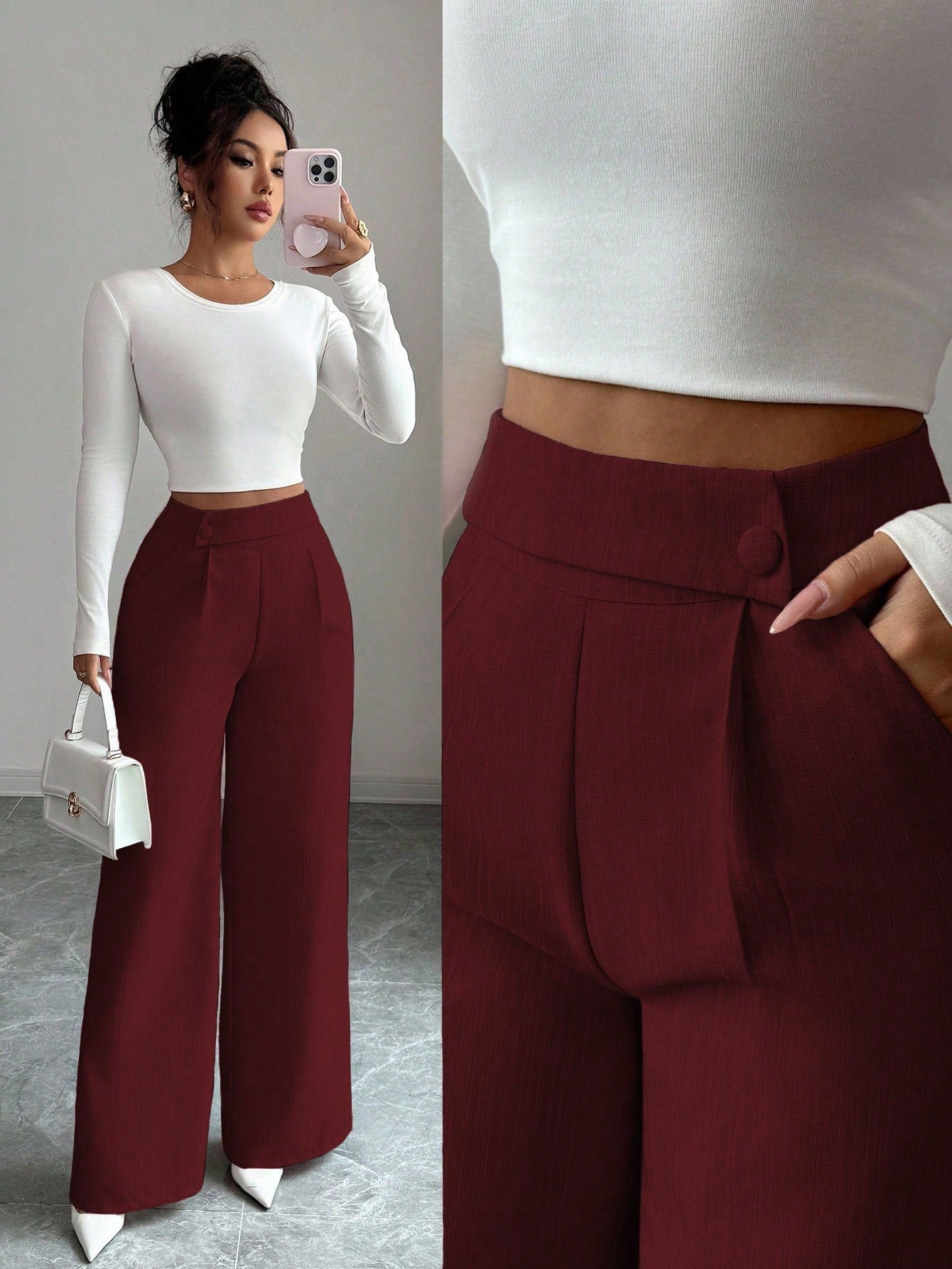 Elenzga Women's Burgundy Winter Elegant Office Bamboo Fabric Waist Front Overlay Buckle Design Teacher Uniform Professional Casual Loose Flowy Straight Pants