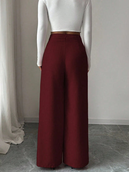 Elenzga Women's Burgundy Winter Elegant Office Bamboo Fabric Waist Front Overlay Buckle Design Teacher Uniform Professional Casual Loose Flowy Straight Pants
