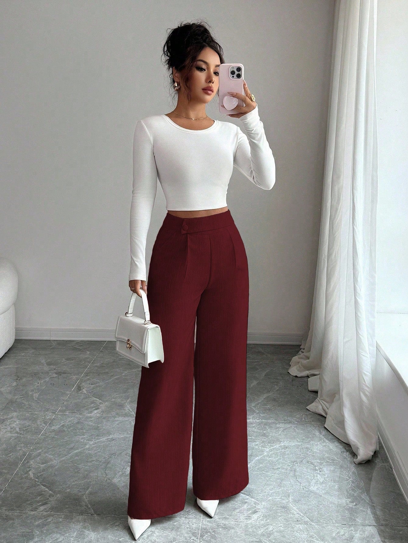 Elenzga Women's Burgundy Winter Elegant Office Bamboo Fabric Waist Front Overlay Buckle Design Teacher Uniform Professional Casual Loose Flowy Straight Pants