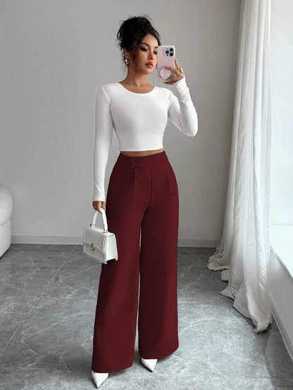 Elenzga Women's Burgundy Winter Elegant Office Bamboo Fabric Waist Front Overlay Buckle Design Teacher Uniform Professional Casual Loose Flowy Straight Pants