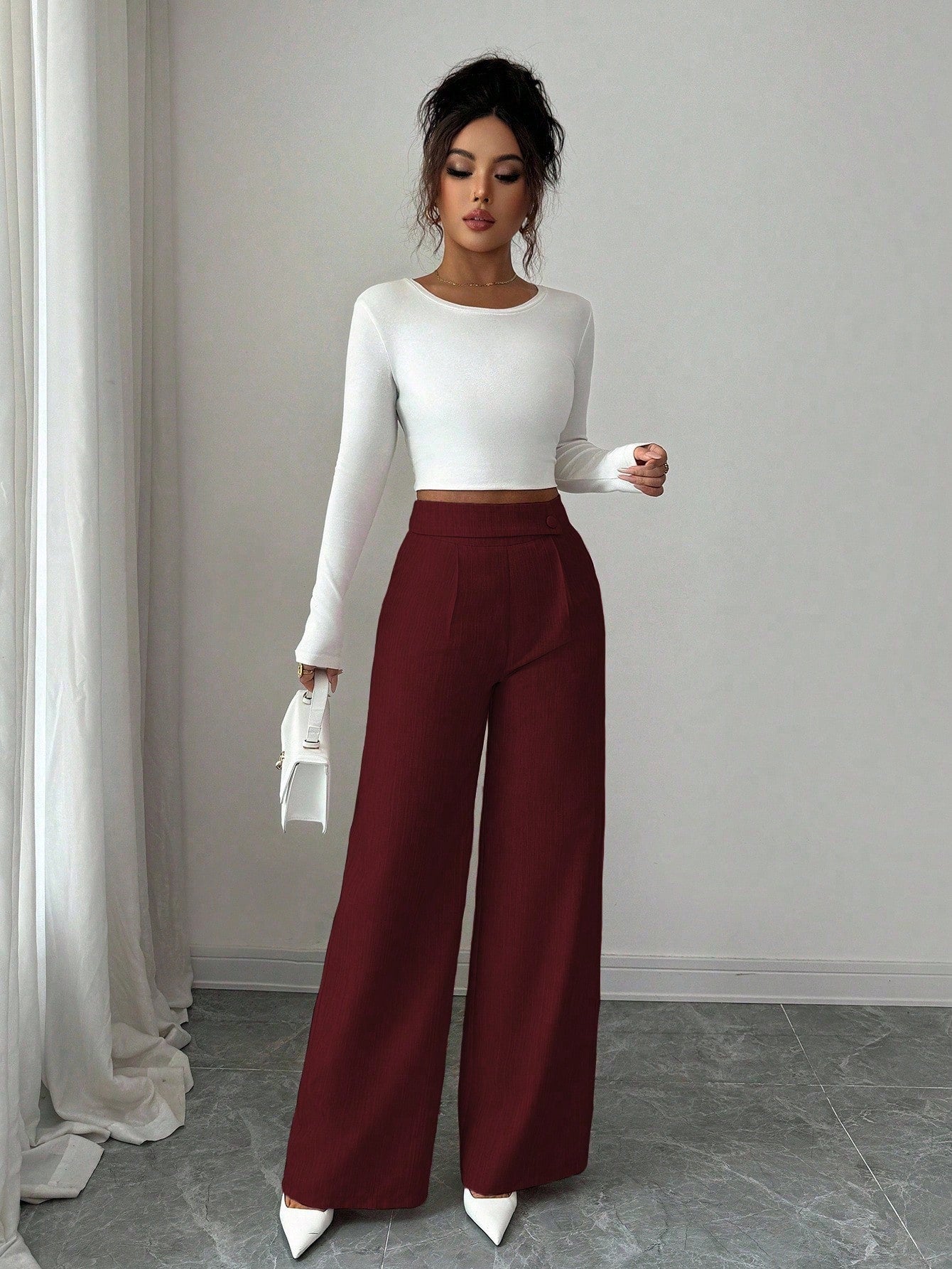 Elenzga Women's Burgundy Winter Elegant Office Bamboo Fabric Waist Front Overlay Buckle Design Teacher Uniform Professional Casual Loose Flowy Straight Pants