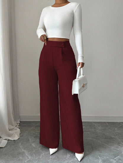 Elenzga Women's Burgundy Winter Elegant Office Bamboo Fabric Waist Front Overlay Buckle Design Teacher Uniform Professional Casual Loose Flowy Straight Pants