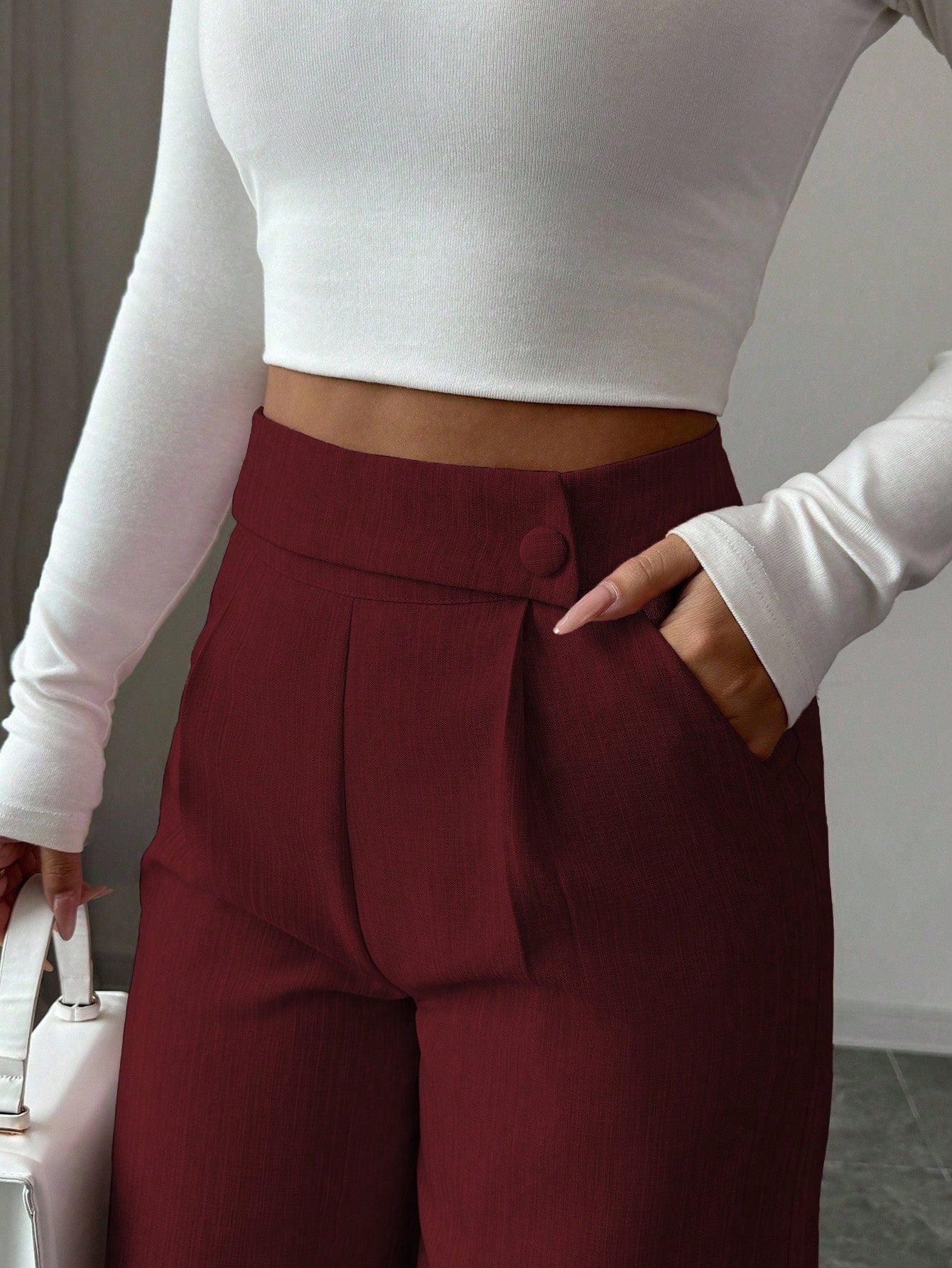 Elenzga Women's Burgundy Winter Elegant Office Bamboo Fabric Waist Front Overlay Buckle Design Teacher Uniform Professional Casual Loose Flowy Straight Pants