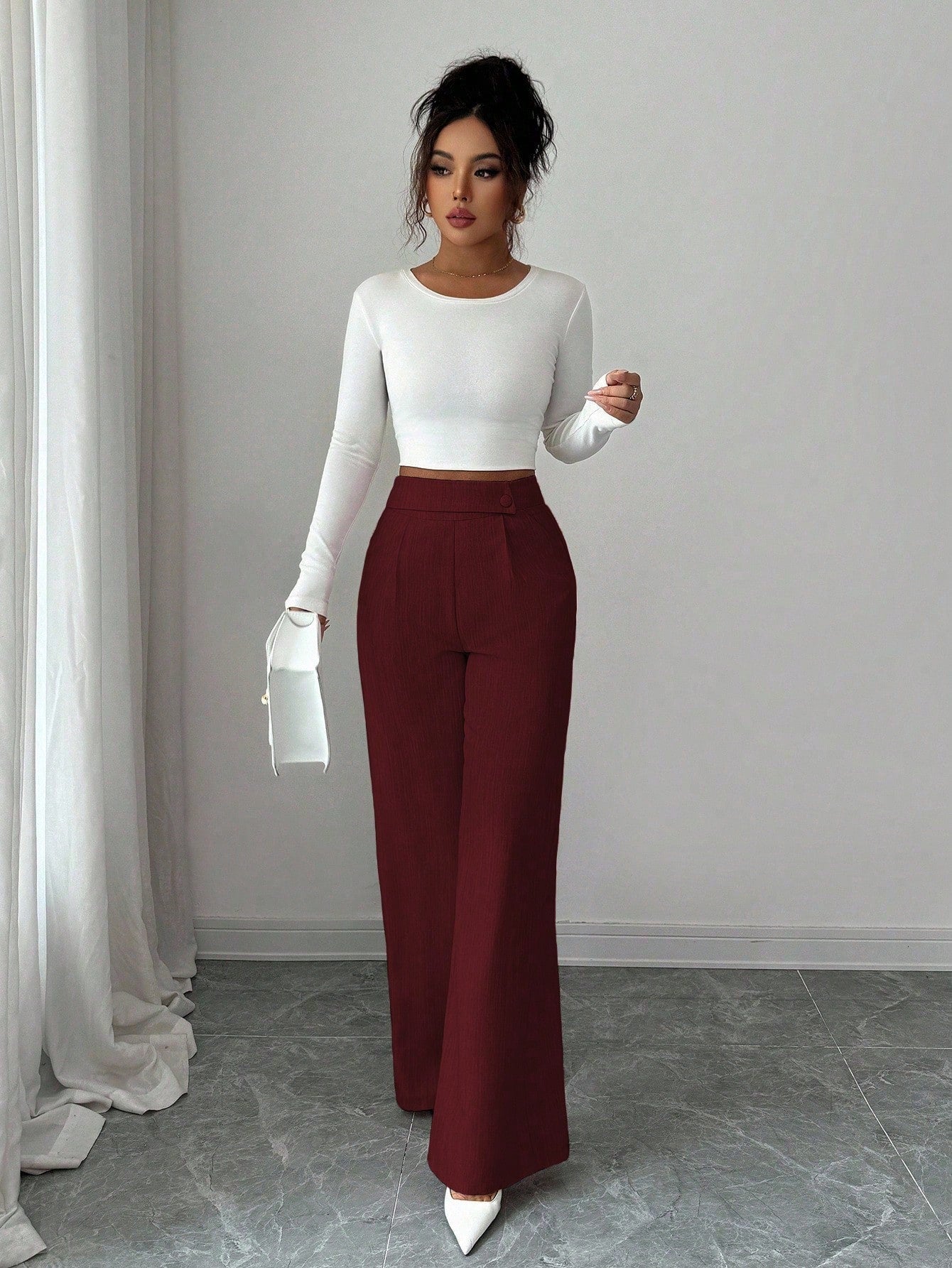 Elenzga Women's Burgundy Winter Elegant Office Bamboo Fabric Waist Front Overlay Buckle Design Teacher Uniform Professional Casual Loose Flowy Straight Pants