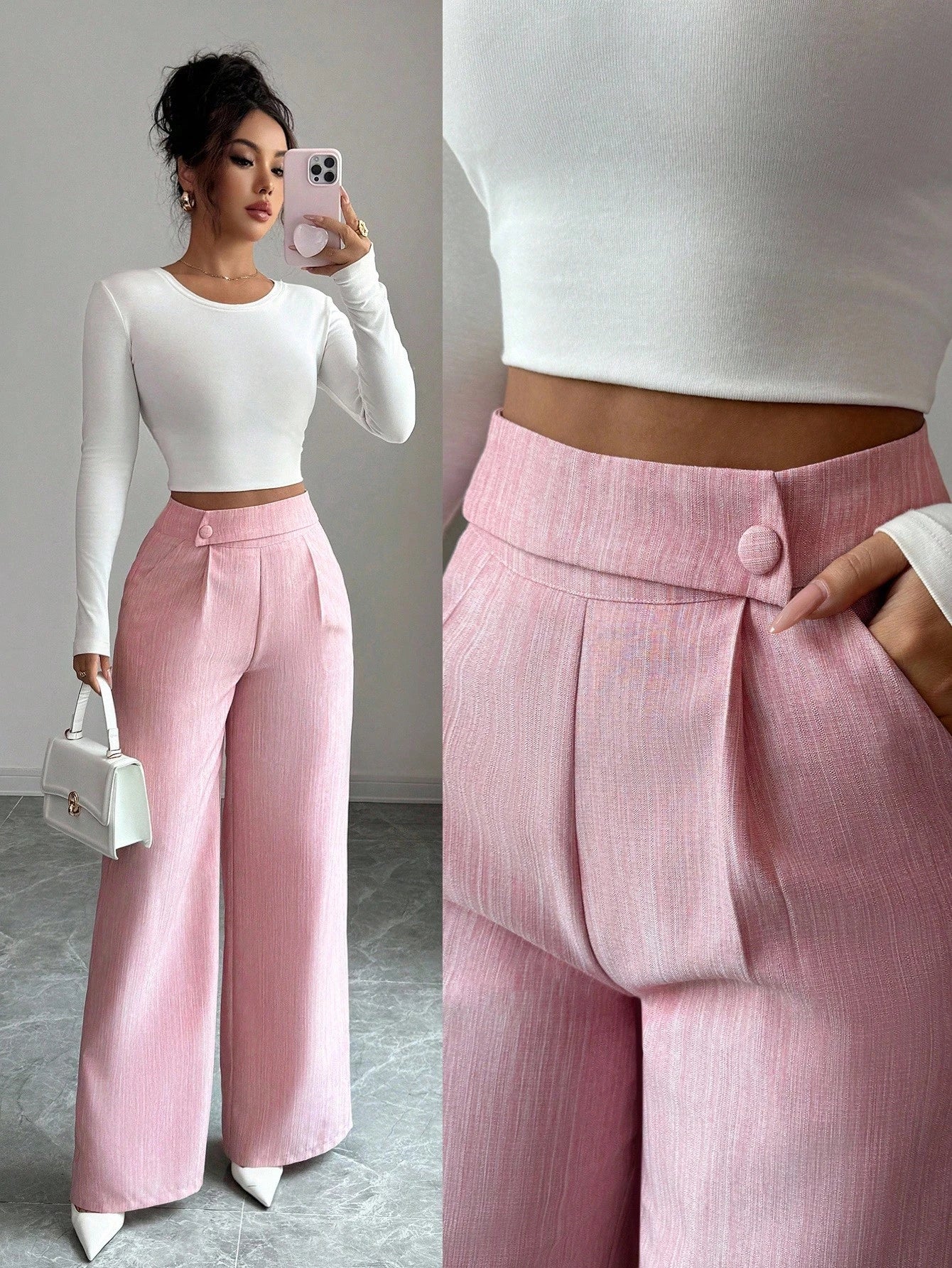 Elenzga Women's Burgundy Winter Elegant Office Bamboo Fabric Waist Front Overlay Buckle Design Teacher Uniform Professional Casual Loose Flowy Straight Pants