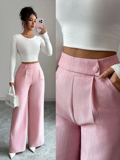 Elenzga Women's Burgundy Winter Elegant Office Bamboo Fabric Waist Front Overlay Buckle Design Teacher Uniform Professional Casual Loose Flowy Straight Pants