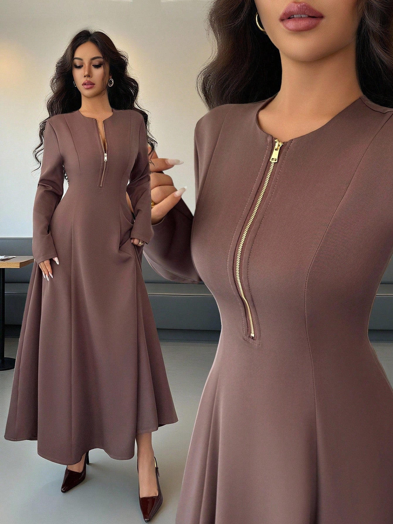Elenzga Women's Elegant Coffee Brown Modest Autumn Midi Dress,Round Neck Front Zipper High-End Design Waist Fitted Flared Long Sleeve Party Commuting Cloth