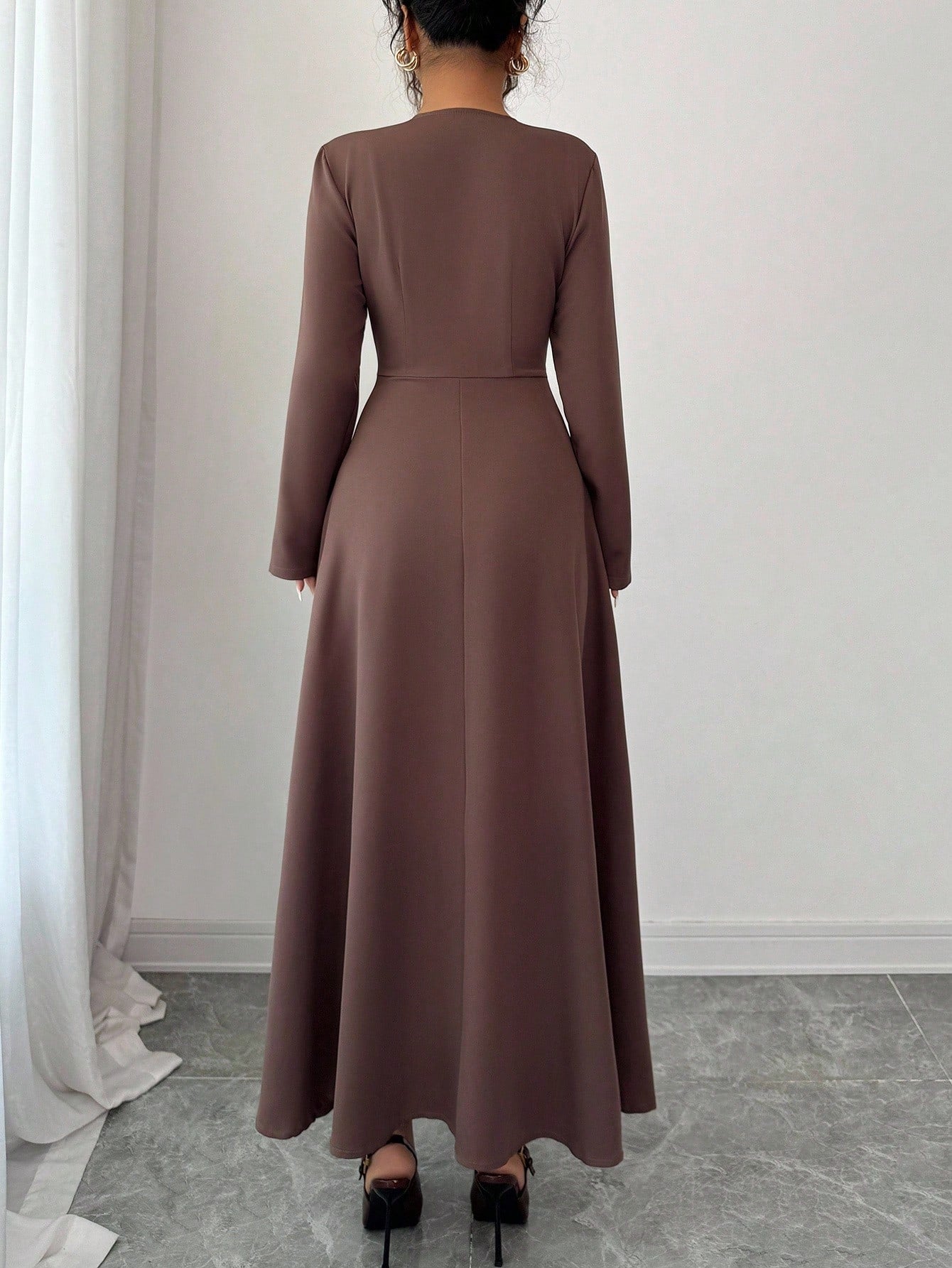 Elenzga Women's Elegant Coffee Brown Modest Autumn Midi Dress,Round Neck Front Zipper High-End Design Waist Fitted Flared Long Sleeve Party Commuting Cloth