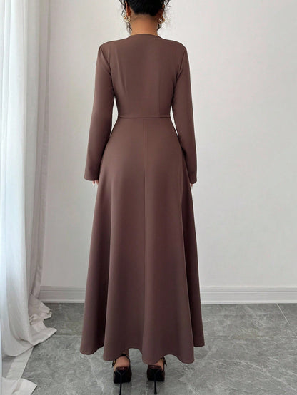 Elenzga Women's Elegant Coffee Brown Modest Autumn Midi Dress,Round Neck Front Zipper High-End Design Waist Fitted Flared Long Sleeve Party Commuting Cloth