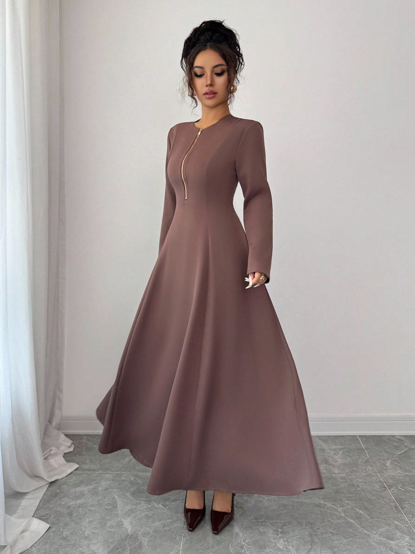Elenzga Women's Elegant Coffee Brown Modest Autumn Midi Dress,Round Neck Front Zipper High-End Design Waist Fitted Flared Long Sleeve Party Commuting Cloth
