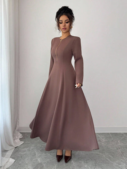 Elenzga Women's Elegant Coffee Brown Modest Autumn Midi Dress,Round Neck Front Zipper High-End Design Waist Fitted Flared Long Sleeve Party Commuting Cloth