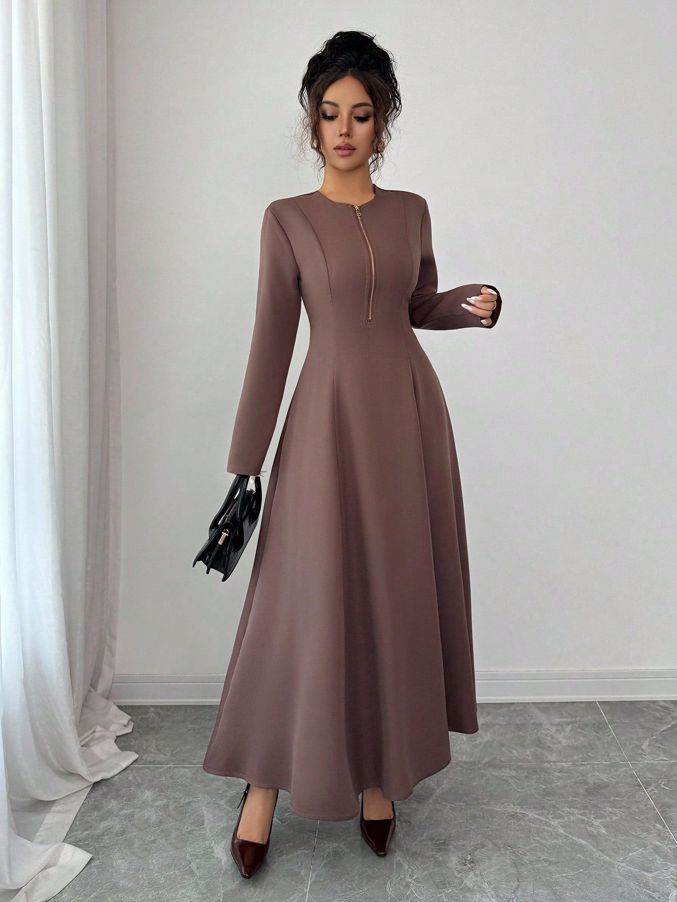 Elenzga Women's Elegant Coffee Brown Modest Autumn Midi Dress,Round Neck Front Zipper High-End Design Waist Fitted Flared Long Sleeve Party Commuting Cloth