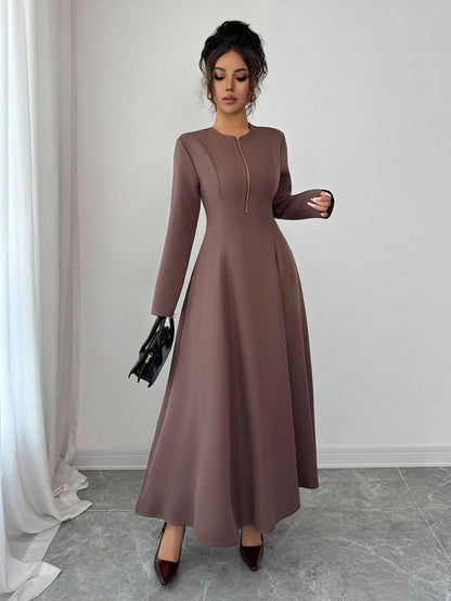 Elenzga Women's Elegant Coffee Brown Modest Autumn Midi Dress,Round Neck Front Zipper High-End Design Waist Fitted Flared Long Sleeve Party Commuting Cloth