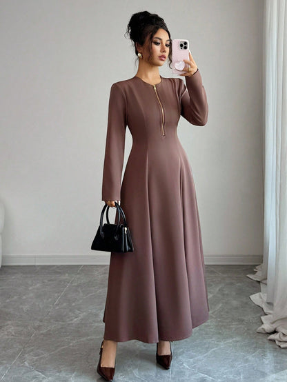 Elenzga Women's Elegant Coffee Brown Modest Autumn Midi Dress,Round Neck Front Zipper High-End Design Waist Fitted Flared Long Sleeve Party Commuting Cloth