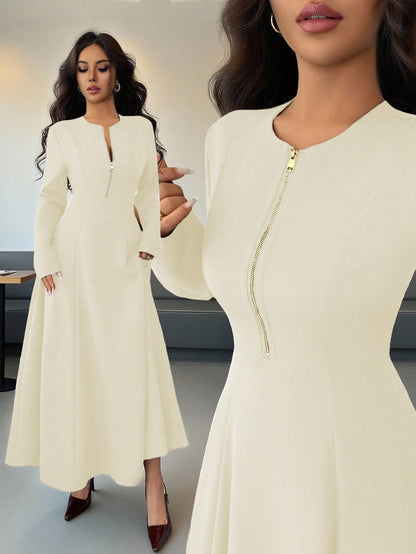 Elenzga Women's Elegant Coffee Brown Modest Autumn Midi Dress,Round Neck Front Zipper High-End Design Waist Fitted Flared Long Sleeve Party Commuting Cloth