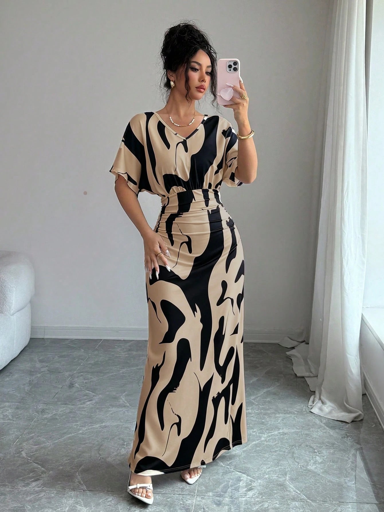 Elenzga Women's Fashion Printed V-Neck Short Sleeve Ruched Waist Bodycon Romantic Elegant Casual Commute Date Party Dinner Dress, Spring/Summer
