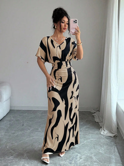 Elenzga Women's Fashion Printed V-Neck Short Sleeve Ruched Waist Bodycon Romantic Elegant Casual Commute Date Party Dinner Dress, Spring/Summer