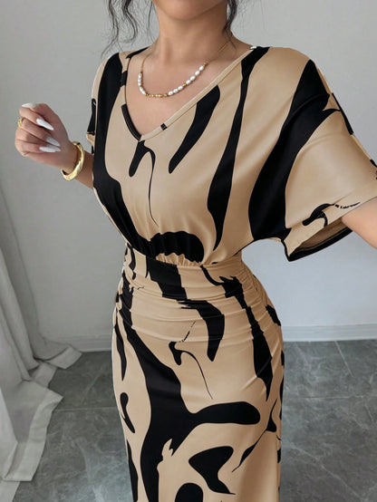 Elenzga Women's Fashion Printed V-Neck Short Sleeve Ruched Waist Bodycon Romantic Elegant Casual Commute Date Party Dinner Dress, Spring/Summer