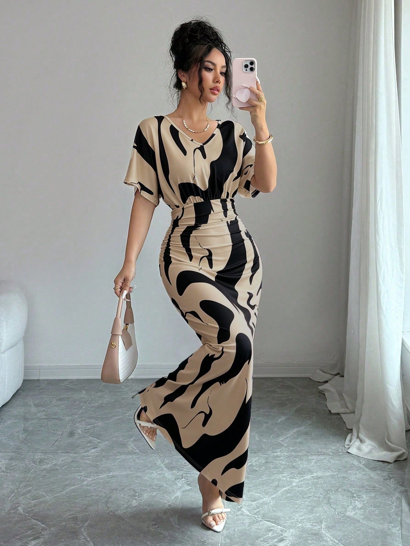 Elenzga Women's Fashion Printed V-Neck Short Sleeve Ruched Waist Bodycon Romantic Elegant Casual Commute Date Party Dinner Dress, Spring/Summer