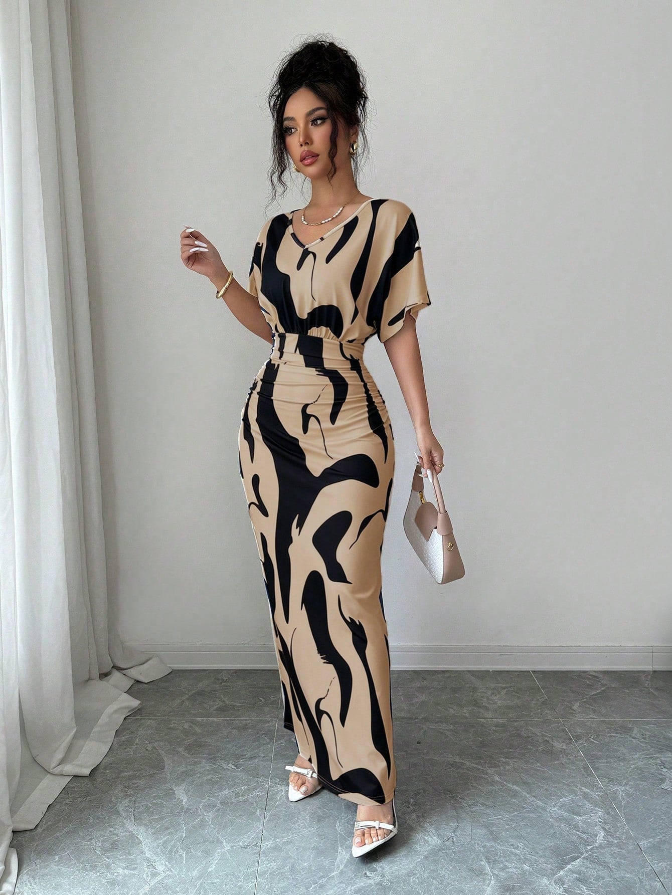 Elenzga Women's Fashion Printed V-Neck Short Sleeve Ruched Waist Bodycon Romantic Elegant Casual Commute Date Party Dinner Dress, Spring/Summer