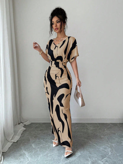 Elenzga Women's Fashion Printed V-Neck Short Sleeve Ruched Waist Bodycon Romantic Elegant Casual Commute Date Party Dinner Dress, Spring/Summer
