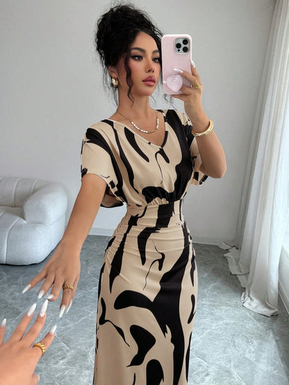 Elenzga Women's Fashion Printed V-Neck Short Sleeve Ruched Waist Bodycon Romantic Elegant Casual Commute Date Party Dinner Dress, Spring/Summer