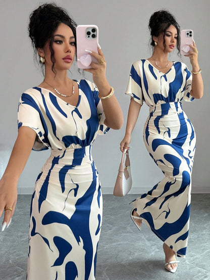 Elenzga Women's Fashion Printed V-Neck Short Sleeve Ruched Waist Bodycon Romantic Elegant Casual Commute Date Party Dinner Dress, Spring/Summer
