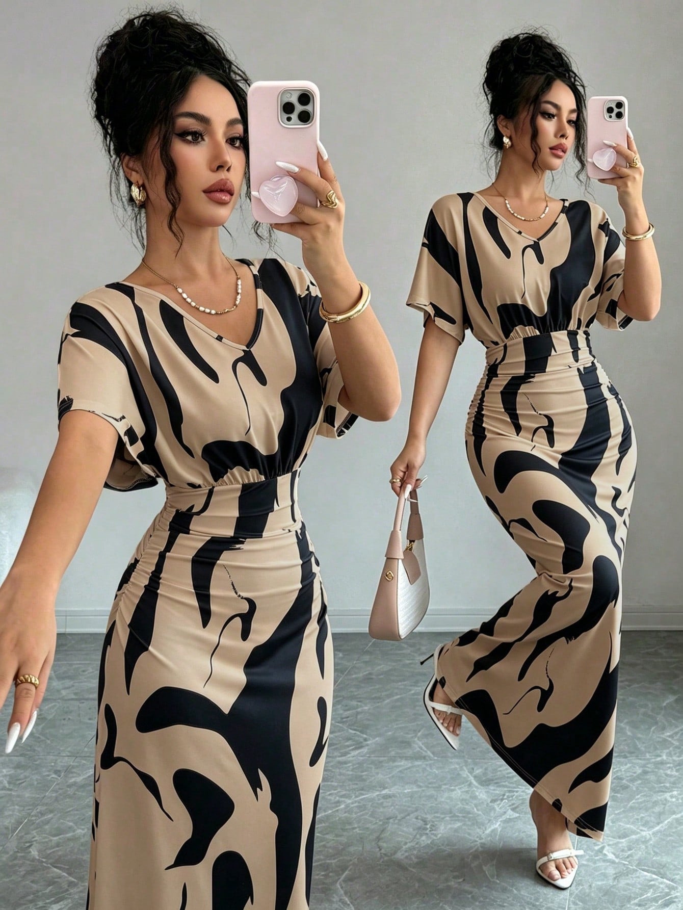 Elenzga Women's Fashion Printed V-Neck Short Sleeve Ruched Waist Bodycon Romantic Elegant Casual Commute Date Party Dinner Dress, Spring/Summer