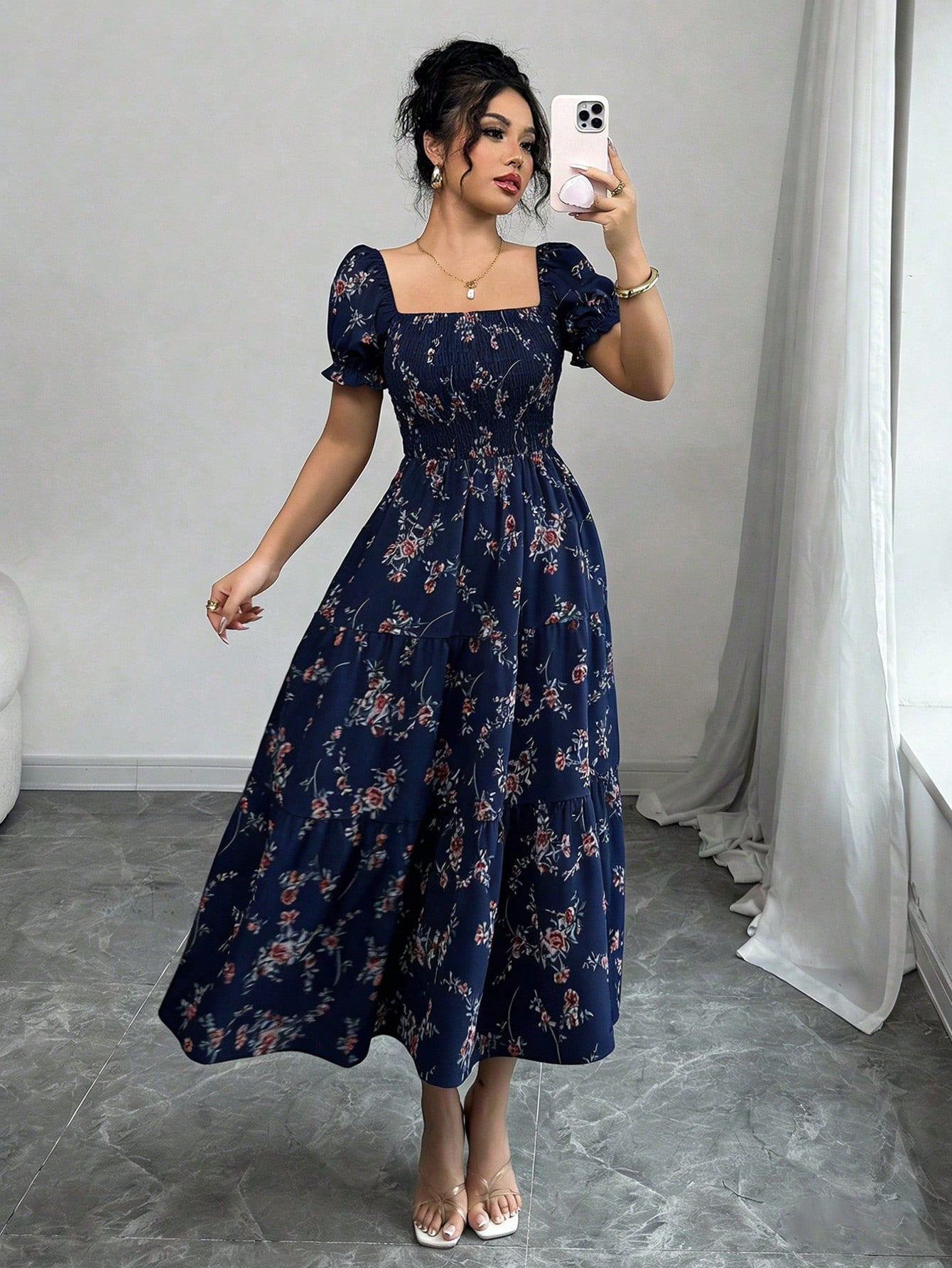 Elenzga Women's Navy Blue Floral Summer Casual Party Dress,Square Neck Pleated Short Sleeve Ruffle Hem Maxi Dress,Ditsy Floral Bohemian Western Style