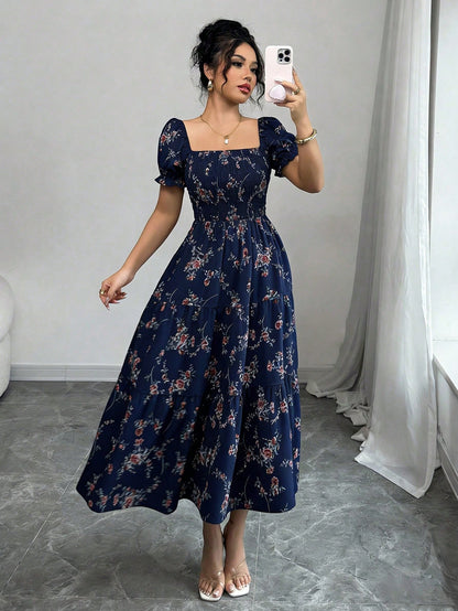 Elenzga Women's Navy Blue Floral Summer Casual Party Dress,Square Neck Pleated Short Sleeve Ruffle Hem Maxi Dress,Ditsy Floral Bohemian Western Style