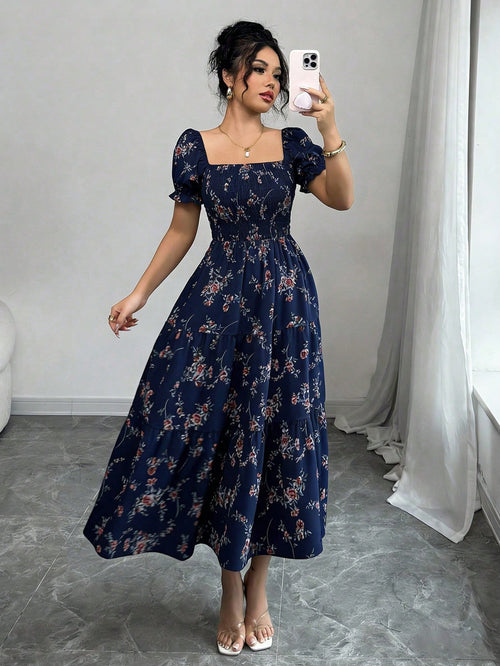 Elenzga Women's Navy Blue Floral Summer Casual Party Dress,Square Neck Pleated Short Sleeve Ruffle Hem Maxi Dress,Ditsy Floral Bohemian Western Style