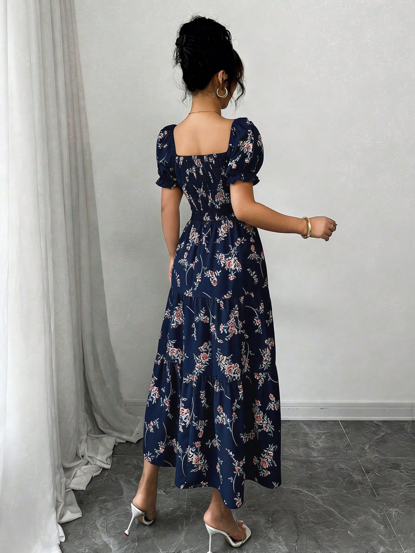 Elenzga Women's Navy Blue Floral Summer Casual Party Dress,Square Neck Pleated Short Sleeve Ruffle Hem Maxi Dress,Ditsy Floral Bohemian Western Style