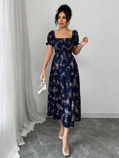 Elenzga Women's Navy Blue Floral Summer Casual Party Dress,Square Neck Pleated Short Sleeve Ruffle Hem Maxi Dress,Ditsy Floral Bohemian Western Style