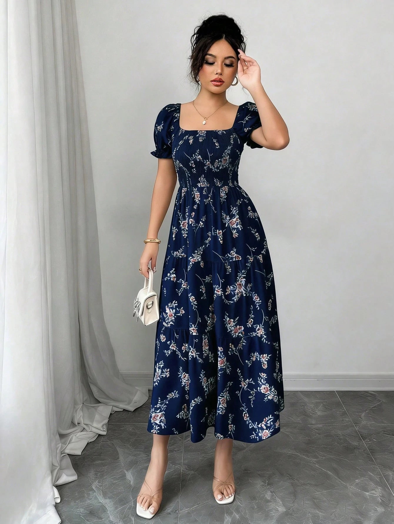 Elenzga Women's Navy Blue Floral Summer Casual Party Dress,Square Neck Pleated Short Sleeve Ruffle Hem Maxi Dress,Ditsy Floral Bohemian Western Style