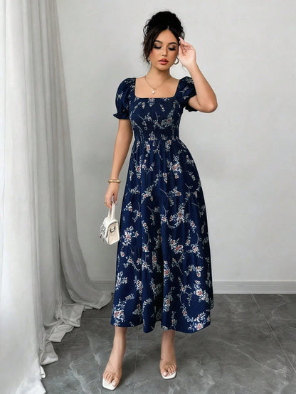 Elenzga Women's Navy Blue Floral Summer Casual Party Dress,Square Neck Pleated Short Sleeve Ruffle Hem Maxi Dress,Ditsy Floral Bohemian Western Style