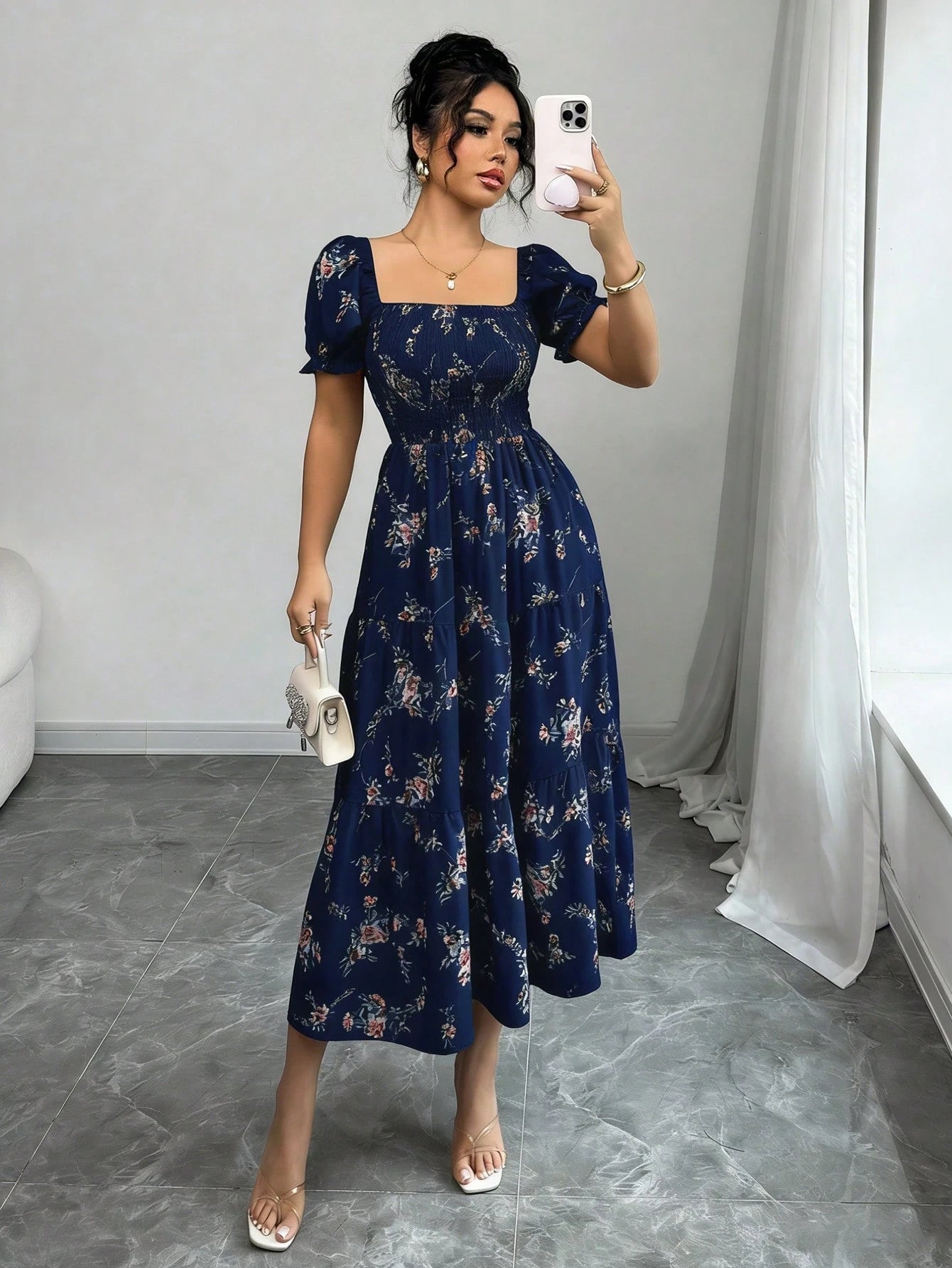 Elenzga Women's Navy Blue Floral Summer Casual Party Dress,Square Neck Pleated Short Sleeve Ruffle Hem Maxi Dress,Ditsy Floral Bohemian Western Style
