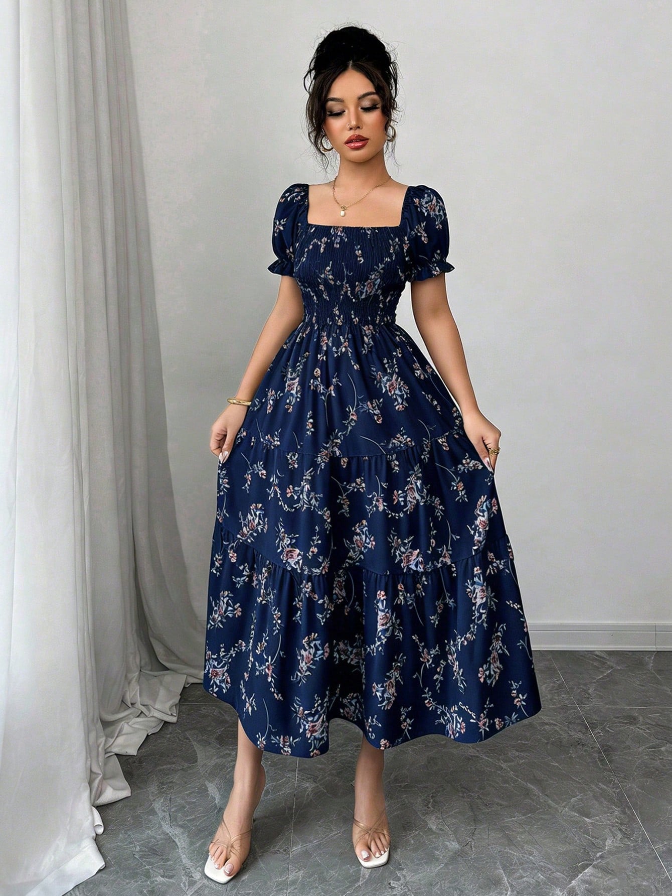 Elenzga Women's Navy Blue Floral Summer Casual Party Dress,Square Neck Pleated Short Sleeve Ruffle Hem Maxi Dress,Ditsy Floral Bohemian Western Style