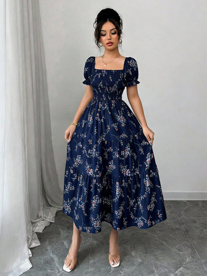 Elenzga Women's Navy Blue Floral Summer Casual Party Dress,Square Neck Pleated Short Sleeve Ruffle Hem Maxi Dress,Ditsy Floral Bohemian Western Style