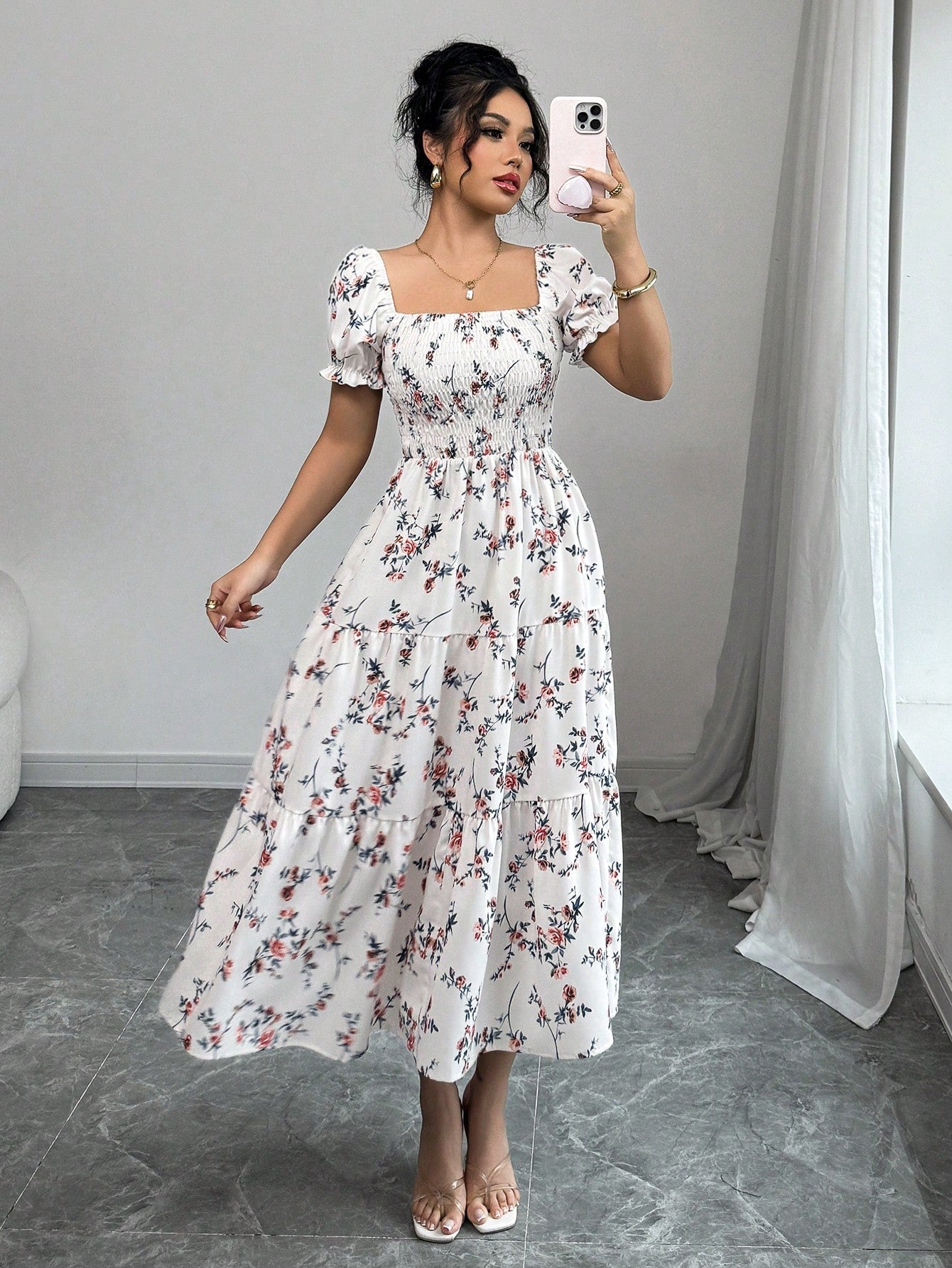 Elenzga Women's Navy Blue Floral Summer Casual Party Dress,Square Neck Pleated Short Sleeve Ruffle Hem Maxi Dress,Ditsy Floral Bohemian Western Style