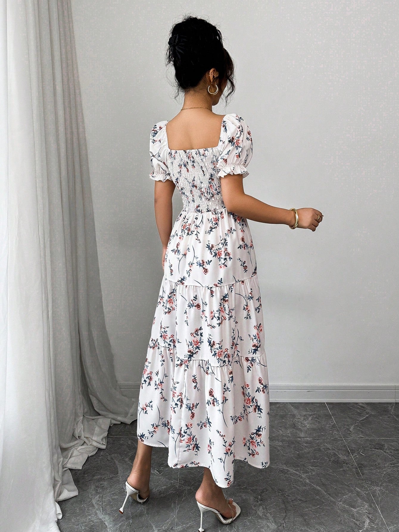 Elenzga Women's Navy Blue Floral Summer Casual Party Dress,Square Neck Pleated Short Sleeve Ruffle Hem Maxi Dress,Ditsy Floral Bohemian Western Style