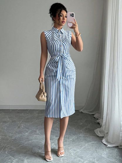 Elenzga Women's Plaid Single-Breasted Belted Sleeveless Midi Shirtdress