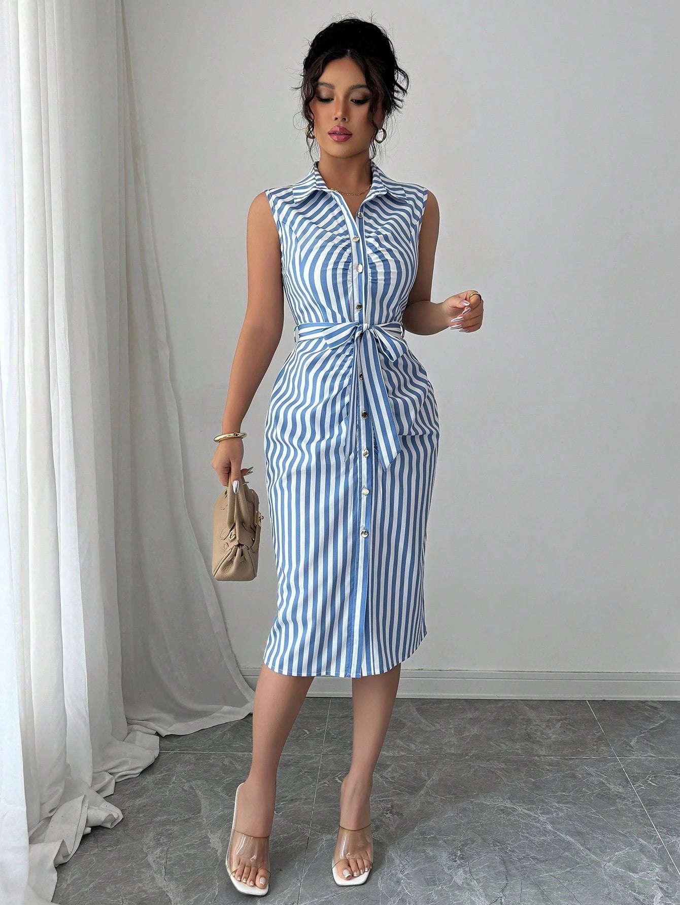 Elenzga Women's Plaid Single-Breasted Belted Sleeveless Midi Shirtdress