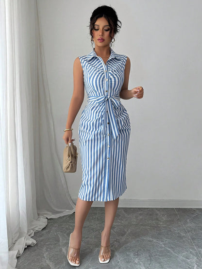 Elenzga Women's Plaid Single-Breasted Belted Sleeveless Midi Shirtdress
