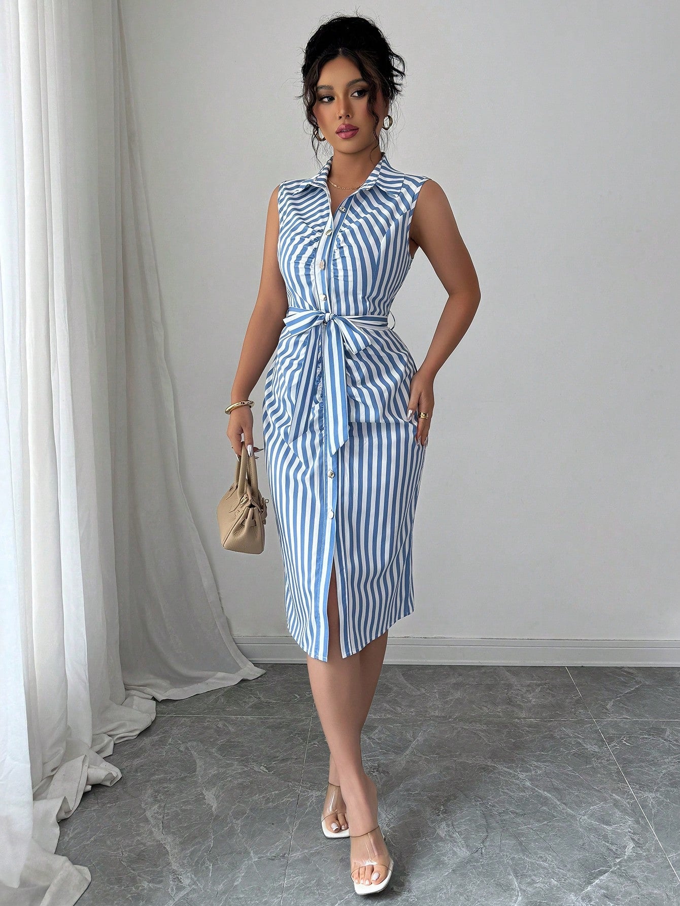 Elenzga Women's Plaid Single-Breasted Belted Sleeveless Midi Shirtdress