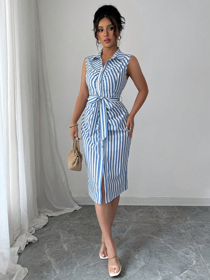 Elenzga Women's Plaid Single-Breasted Belted Sleeveless Midi Shirtdress