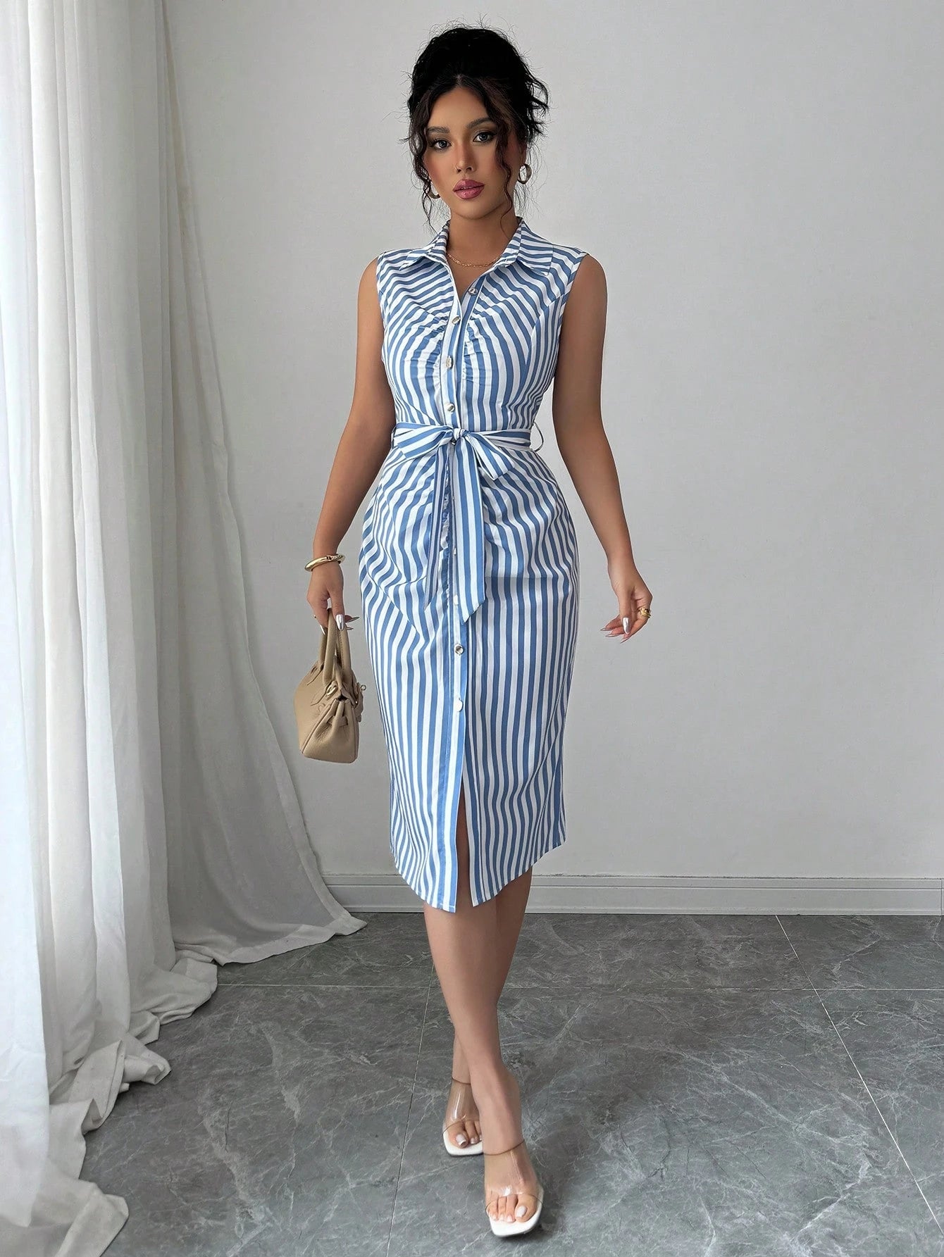 Elenzga Women's Plaid Single-Breasted Belted Sleeveless Midi Shirtdress