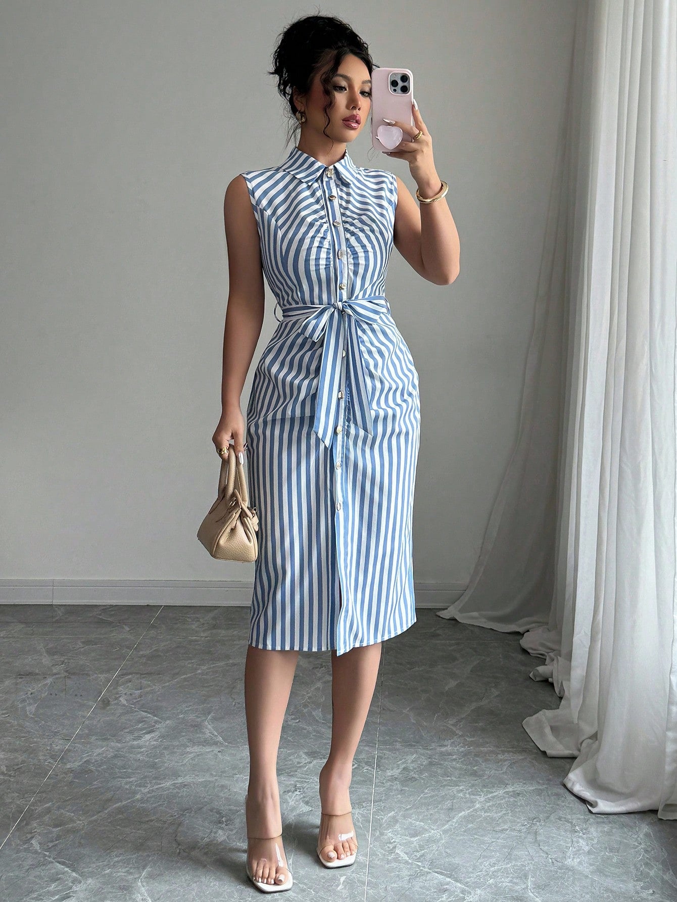 Elenzga Women's Plaid Single-Breasted Belted Sleeveless Midi Shirtdress