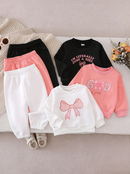 Elladie kids 3pcs Baby/Toddler Heart Print Sweatshirt Set,Light Pink,Autumn,Cute Modest,Vacation,Back-To-School Knitted Round Neck Top And Pants Fashionable Outfit