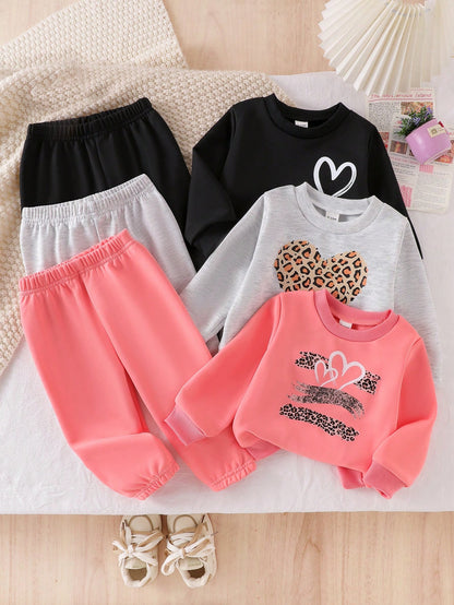 Elladie kids 3pcs Baby/Toddler Heart Print Sweatshirt Set,Light Pink,Autumn,Cute Modest,Vacation,Back-To-School Knitted Round Neck Top And Pants Fashionable Outfit