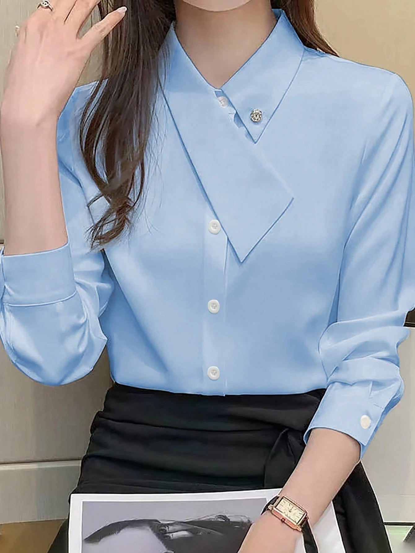 EMERY ROSE Asymmetrical Collar Versatile Elegant Women Commuter T-Shirt Fall Cloth For Women